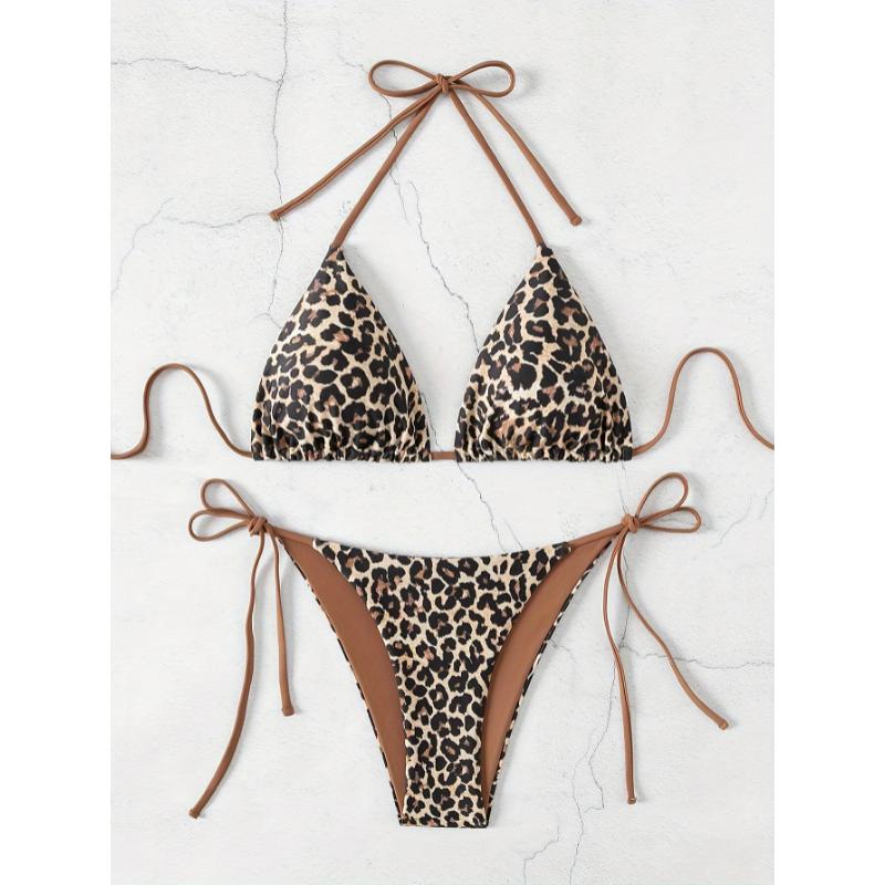 2 Piece Leopard Print Triangle Halter Neck High Cut Tie Side Swimsuits, Women's Swimwear & Clothing Bikini Set