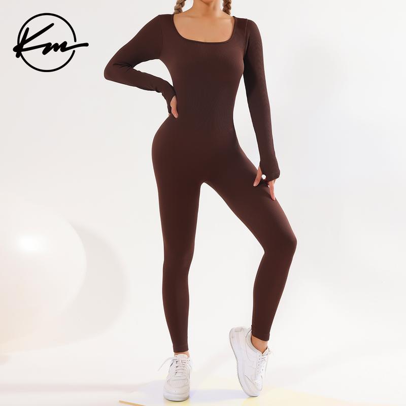 KatchMe Womenswear Workout Solid Color U Neck Seamless Long Sleeve Yoga Jumpsuit,Jumpsuit for Daily Outdoor Wear,Plain Thumb Holes Sportswear