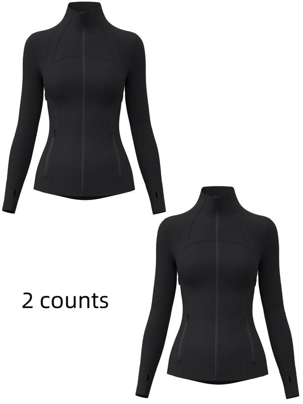 Women's Solid Zip Up Thumb Hole Design Long Sleeve Sports Jacket, Sporty Breathable Stand Collar Outerwear for Gym Workout Running, Ladies Sportswear for Fall & Winter