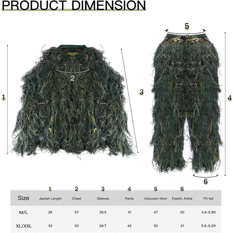 5 in 1 Ghillie Suit Outdoor 3D  Apparel Including Jacket Pants Hood Carry Bag Suitable for Unisex Adults Jungle Woodland