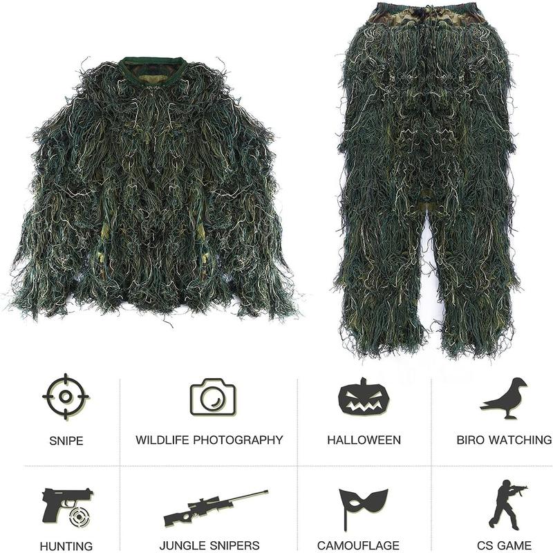 5 in 1 Ghillie Suit Outdoor 3D  Apparel Including Jacket Pants Hood Carry Bag Suitable for Unisex Adults Jungle Woodland