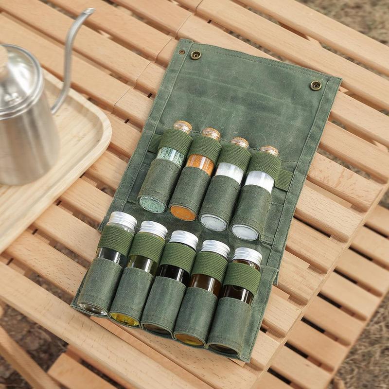 Outdoor Seasoning Storage Bag with 9 Bottles Set, Portable Canvas Seasoning Storage Bag, Camping Kitchenware for Outdoor Camping BBQ