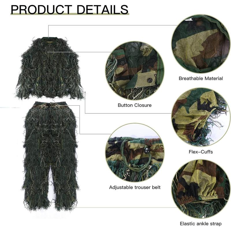 5 in 1 Ghillie Suit Outdoor 3D  Apparel Including Jacket Pants Hood Carry Bag Suitable for Unisex Adults Jungle Woodland