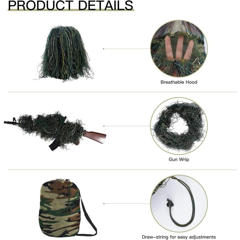 5 in 1 Ghillie Suit Outdoor 3D  Apparel Including Jacket Pants Hood Carry Bag Suitable for Unisex Adults Jungle Woodland