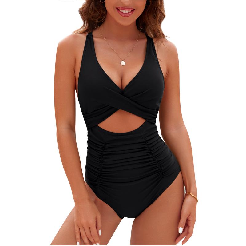 Blooming Jelly Womens One Piece Swimsuits Push Up Tummy Control Bathing Suits V Neck Cutout Modest Swimwear