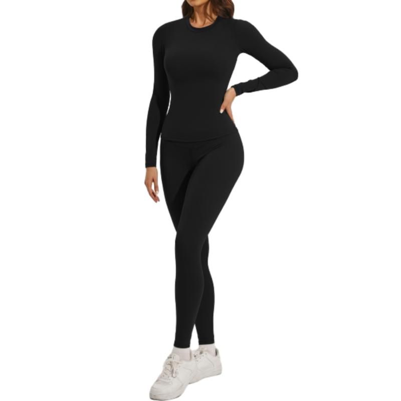 Women's Solid Color Sportswear Set - Long Sleeve Top & Skinny Pants for Yoga Gym Workout Running, All Season Tracksuits