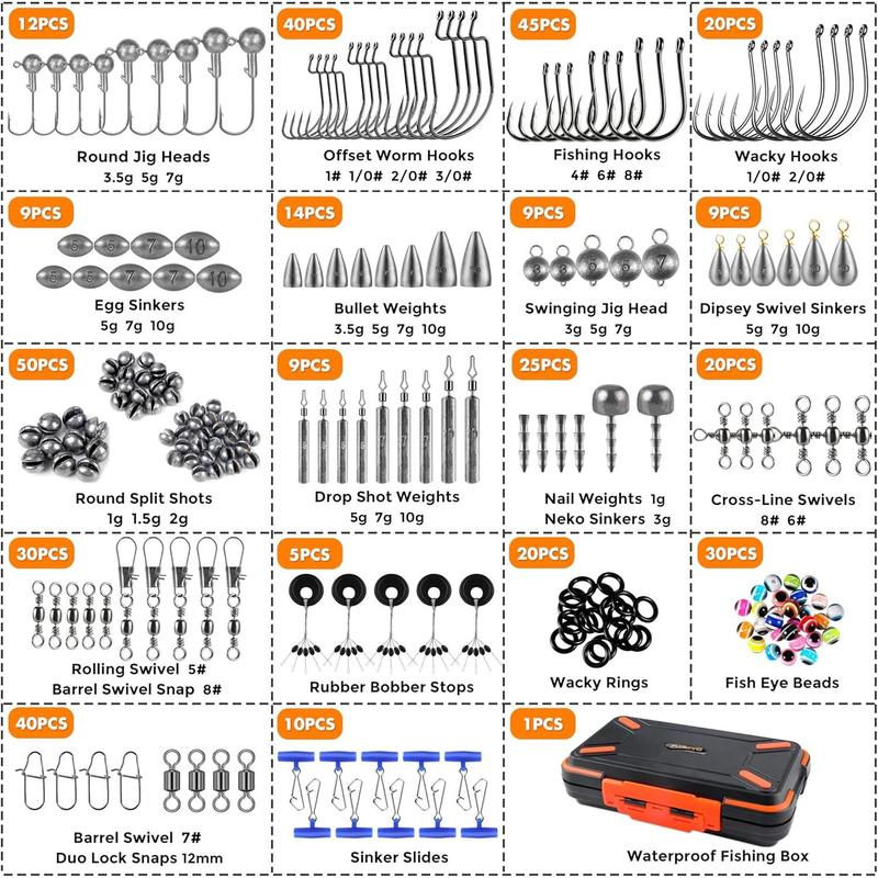 PLUSIO 264 397pcs Fishing Accessories Kit, Organized Fishing Tackle Box with Tackle Included, Fishing Hooks, Fishing Weights Sinkers, Swivels, Beads, Fishing Gear Set Equipment for Bass Trout