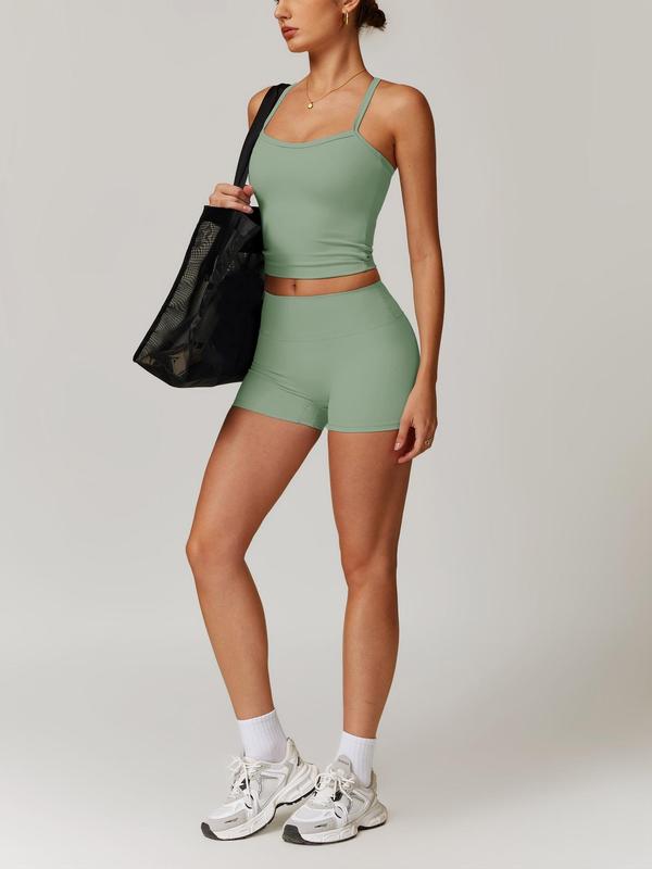 Two-piece Set Women's Solid Backless Crop Cami Top & High Waist Shorts Sportswear Set, Sporty Sleeveless Top & Skinny Shorts, Ladies Sportswear for Indoor Outdoor Wear, Fall Outfits Soccer Mom Outfit