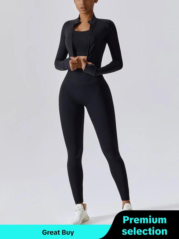 Three-Piece Set Women's Solid Criss Cross Crop Tank Top & High Waist Leggings & Zip Up Crop Jacket Tracksuits Set, Breathable Comfy Outfits for Yoga Gym Workout Running, Ladies Sportswear for All Seasons Fall Outfits