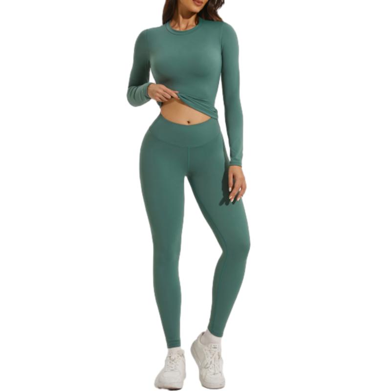 Women's Solid Color Sportswear Set - Long Sleeve Top & Skinny Pants for Yoga Gym Workout Running, All Season Tracksuits