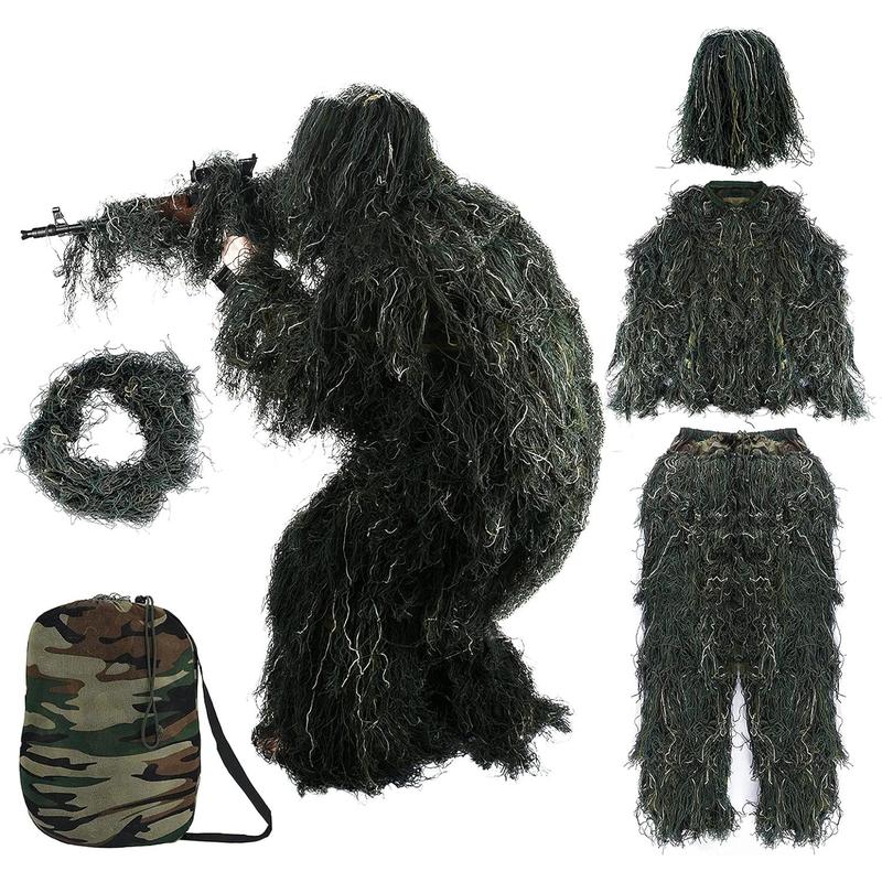 5 in 1 Ghillie Suit Outdoor 3D  Apparel Including Jacket Pants Hood Carry Bag Suitable for Unisex Adults Jungle Woodland