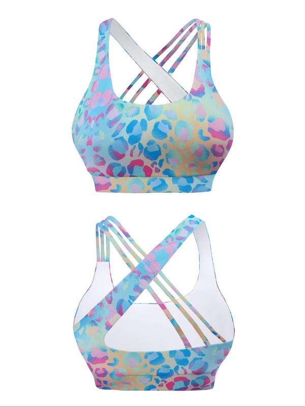 Women's Leopard & Tie Dye Print Criss Cross Sports Bra, Breathable Comfortable Wireless Sports Bra, Ladies Sportswear for Indoor Outdoor Wear, Bras for Women, Gym Clothing