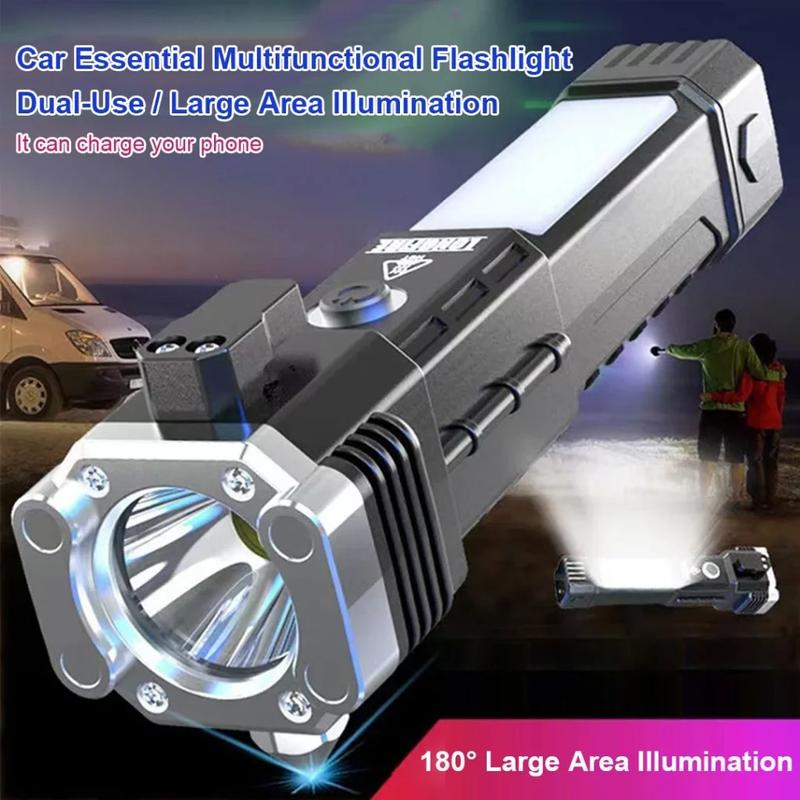 USB Rechargeable LED Safety Light with COB Technology and Emergency Hammer for Camping and Hiking