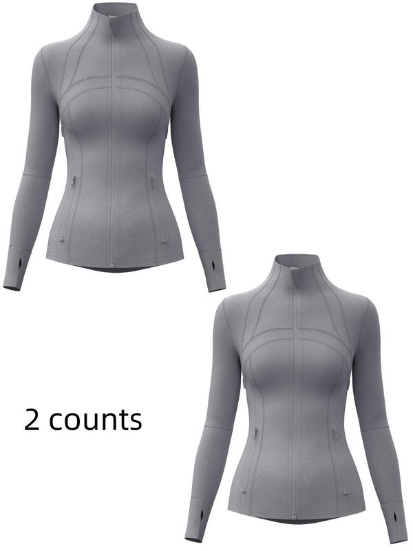 Women's Solid Zip Up Thumb Hole Design Long Sleeve Sports Jacket, Sporty Breathable Stand Collar Outerwear for Gym Workout Running, Ladies Sportswear for Fall & Winter