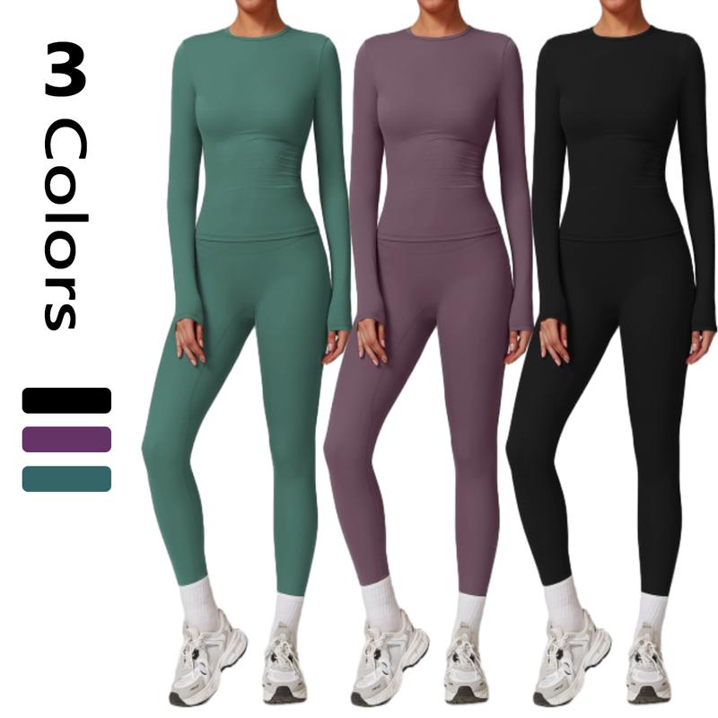 Women's Solid Color Sportswear Set - Long Sleeve Top & Skinny Pants for Yoga Gym Workout Running, All Season Tracksuits