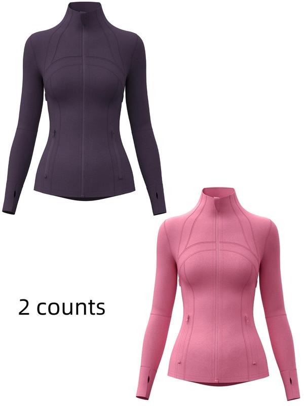 Women's Solid Zip Up Thumb Hole Design Long Sleeve Sports Jacket, Sporty Breathable Stand Collar Outerwear for Gym Workout Running, Ladies Sportswear for Fall & Winter