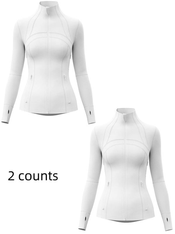 Women's Solid Zip Up Thumb Hole Design Long Sleeve Sports Jacket, Sporty Breathable Stand Collar Outerwear for Gym Workout Running, Ladies Sportswear for Fall & Winter