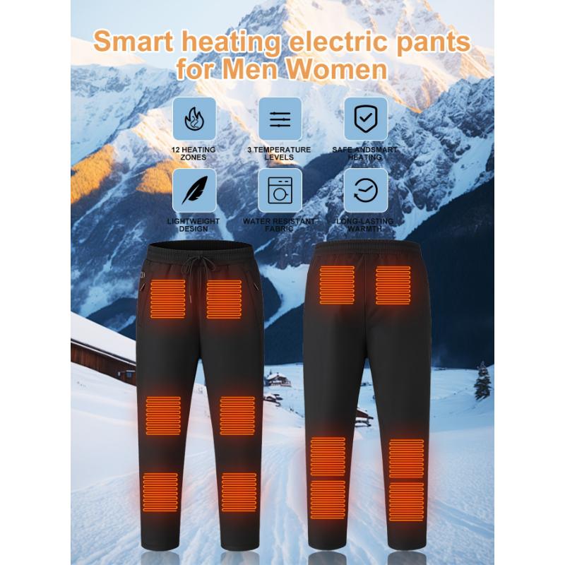 Winter Outdoor Heated Pants for Men and Women - 100% Polyester Non-Stretch Sports Trousers with 12 Heating Zones, Adjustable Temperature, Water-Resistant Fabric, Drawstring - Casual and Hiking Heated Wear for Skiing, Fishing, Camping - USB