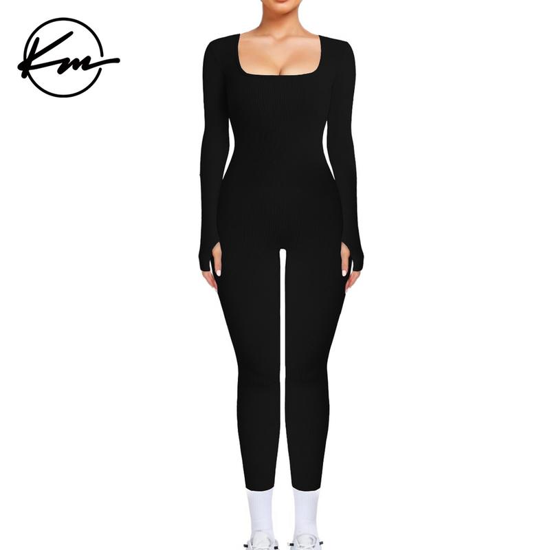 KatchMe Womenswear Workout Solid Color U Neck Seamless Long Sleeve Yoga Jumpsuit,Jumpsuit for Daily Outdoor Wear,Plain Thumb Holes Sportswear