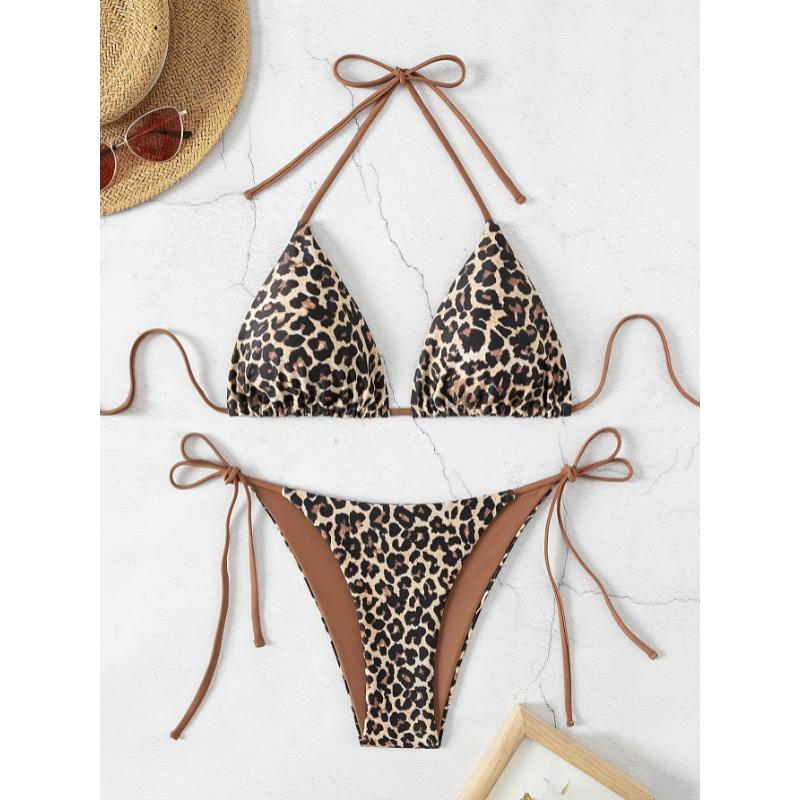 2 Piece Leopard Print Triangle Halter Neck High Cut Tie Side Swimsuits, Women's Swimwear & Clothing Bikini Set