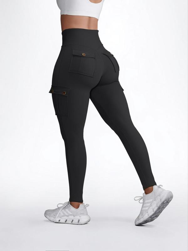 Women's Solid High Waist Pocket Sports Leggings, Casual Comfy Breathable Skinny Pants for Yoga Gym Workout Running, Ladies Sportswear for Fall & Winter