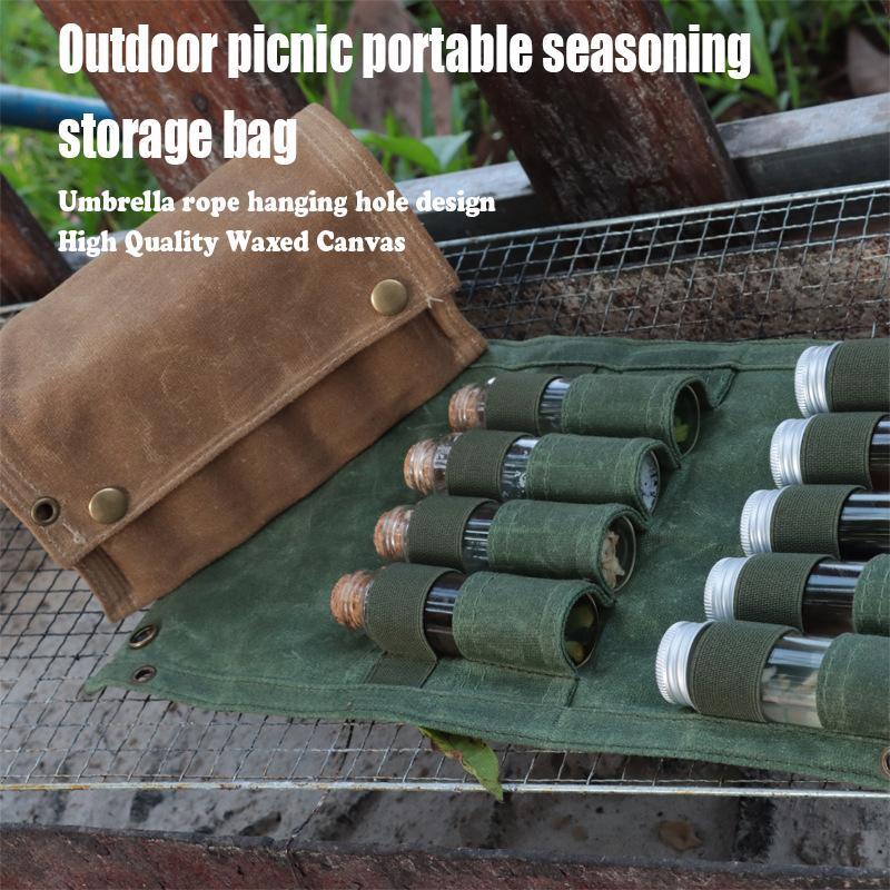 Outdoor Seasoning Storage Bag with 9 Bottles Set, Portable Canvas Seasoning Storage Bag, Camping Kitchenware for Outdoor Camping BBQ