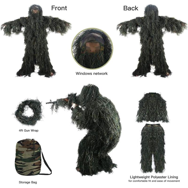 5 in 1 Ghillie Suit Outdoor 3D  Apparel Including Jacket Pants Hood Carry Bag Suitable for Unisex Adults Jungle Woodland