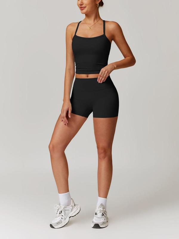 Two-piece Set Women's Solid Backless Crop Cami Top & High Waist Shorts Sportswear Set, Sporty Sleeveless Top & Skinny Shorts, Ladies Sportswear for Indoor Outdoor Wear, Fall Outfits Soccer Mom Outfit