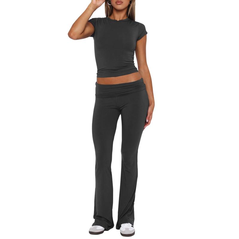 Women Two Piece Lounge Sets Matching Sets Short Sleeve Cropped Top Fold Over Flare Pants Yoga Tracksuit