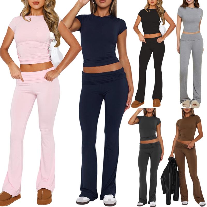 Women Two Piece Lounge Sets Matching Sets Short Sleeve Cropped Top Fold Over Flare Pants Yoga Tracksuit