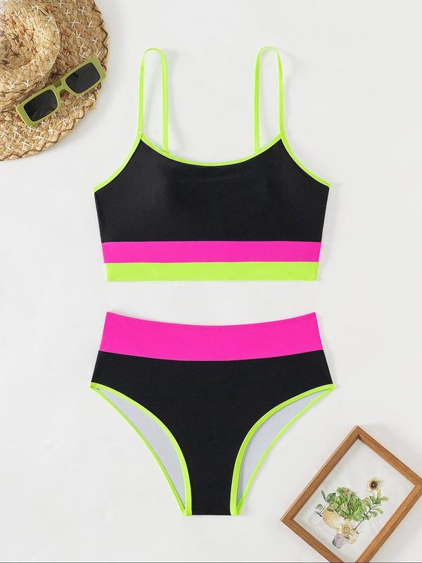 Two-Piece Set Women's Colorblock Contrast Binding Bikini Set, Adjustable Strap Swim Top & High Waist Swim Bottom, Swimsuit for Beach Holiday Vacation