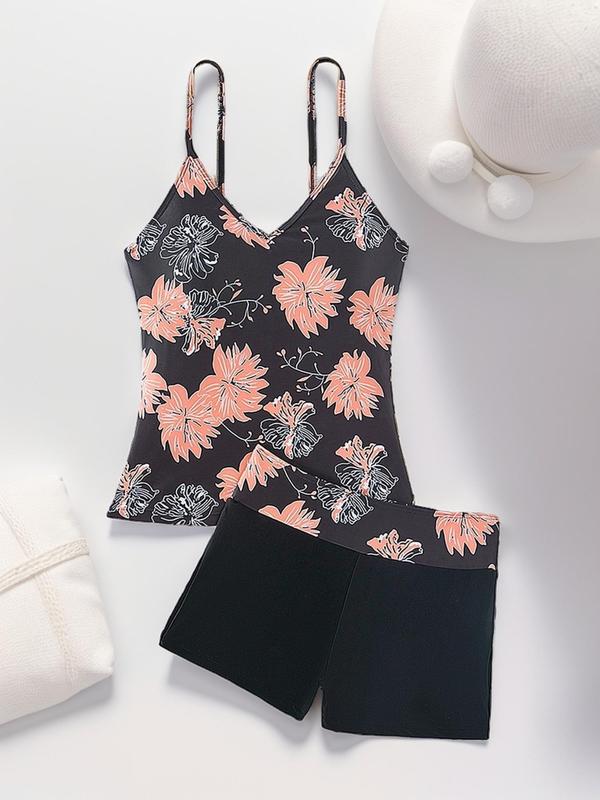 Women's  Floral Print Tankini Set, Casual Adjustable Strap Camisole & Patchwork Shorts Swimsuit Set, Ladies Summer Swimwear for Beach Holiday Vacation