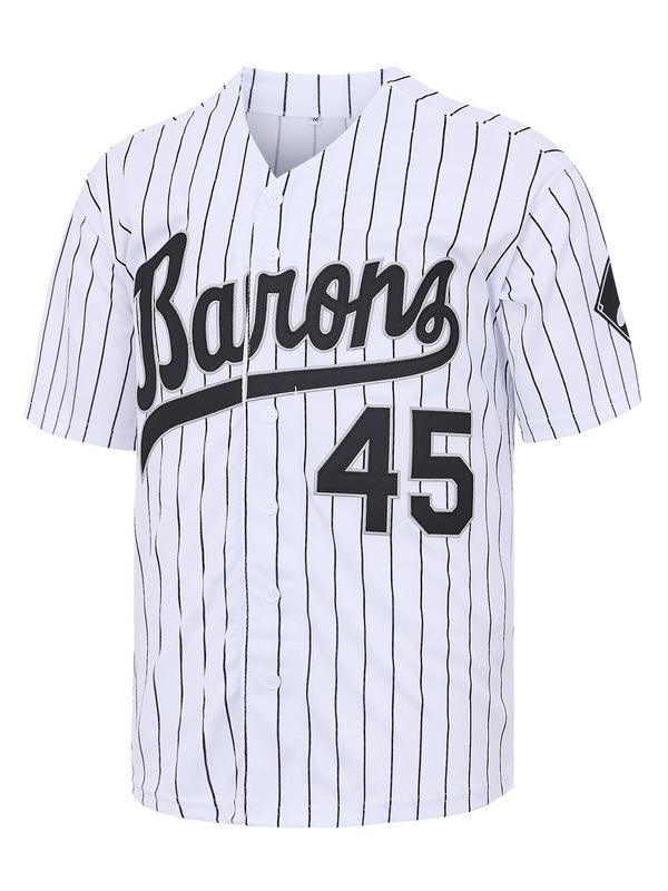 Men's Letter & Number Embroidery Baseball Jersey, Casual Striped  Short Sleeve Button Front Baseball Top, Breathable Sports Top for Men