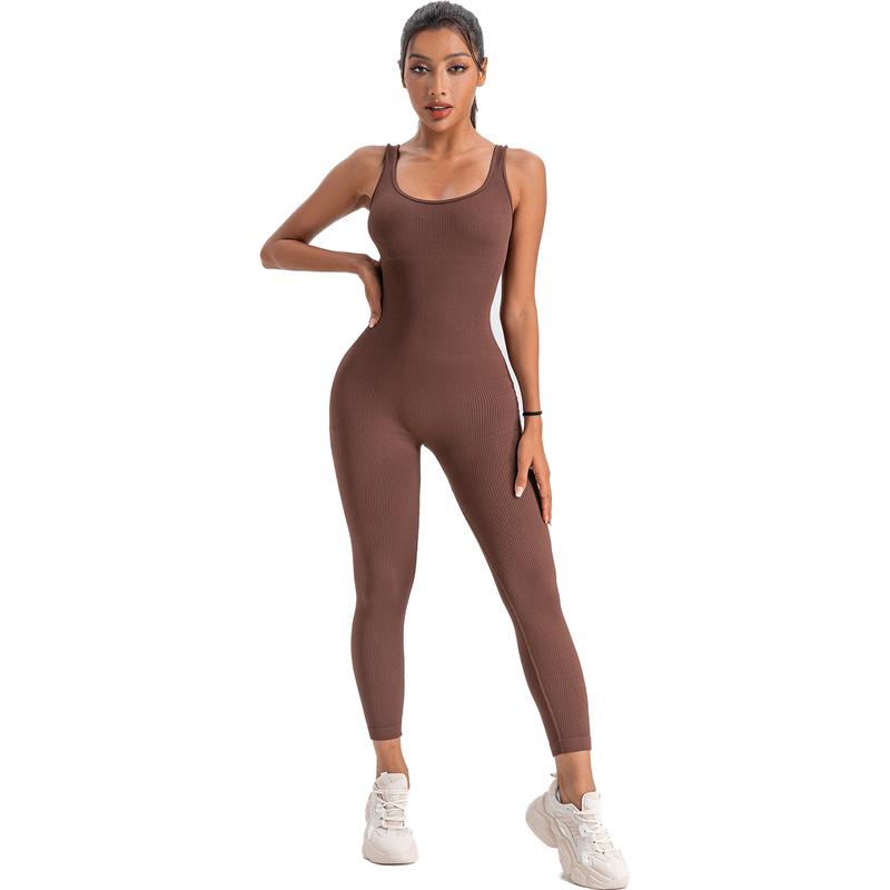 Women's Solid Color Workout Jumpsuits, Sleeveless Slim Fit Yoga Fitness Romper Jumpsuits Seamless Gymwear