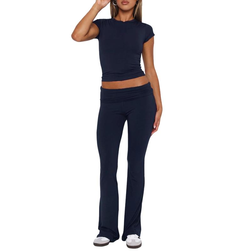 Women Two Piece Lounge Sets Matching Sets Short Sleeve Cropped Top Fold Over Flare Pants Yoga Tracksuit