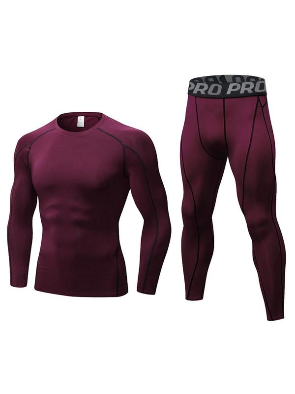 Two Counts Men's Compression Tracksuit Set, Top Stitching Top & Letter Tape Leggings, Sportswear Set for Indoor Outdoor Wear, Men's Sport & Outdoor Clothing Fall Outfits