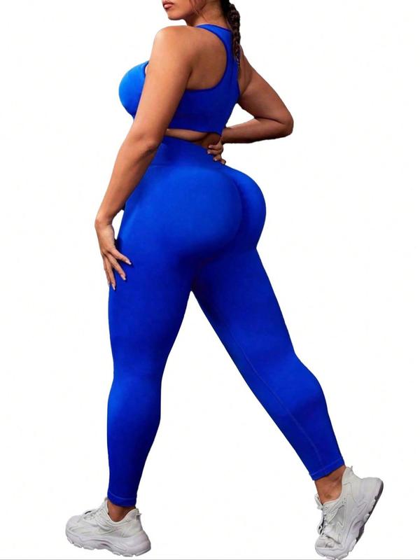 Women's Plus Size Tracksuit Set, Sporty Scoop Neck Crop Tank Top & High Waist Leggings, Breathable Outfits for Yoga Gym Workout, Ladies Summer Sportswear