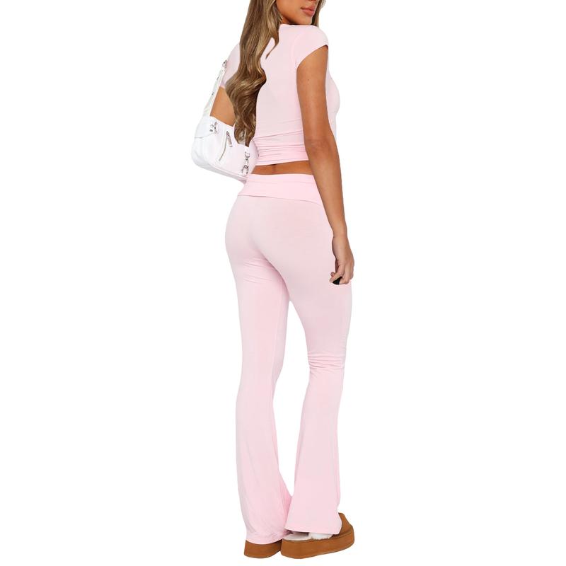 Women Two Piece Lounge Sets Matching Sets Short Sleeve Cropped Top Fold Over Flare Pants Yoga Tracksuit