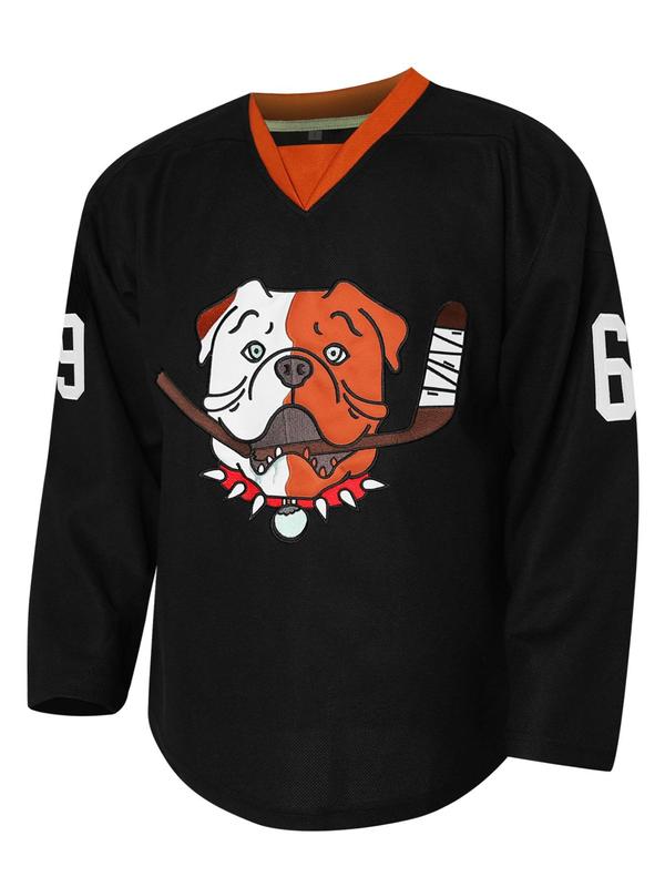 Men's Letter & Dog Embroidery   Jersey, Vintage Long Sleeve V Neck Hockey Ball Uniform, Casual Sportswear for Men