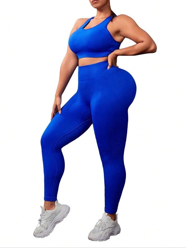 Women's Plus Size Tracksuit Set, Sporty Scoop Neck Crop Tank Top & High Waist Leggings, Breathable Outfits for Yoga Gym Workout, Ladies Summer Sportswear