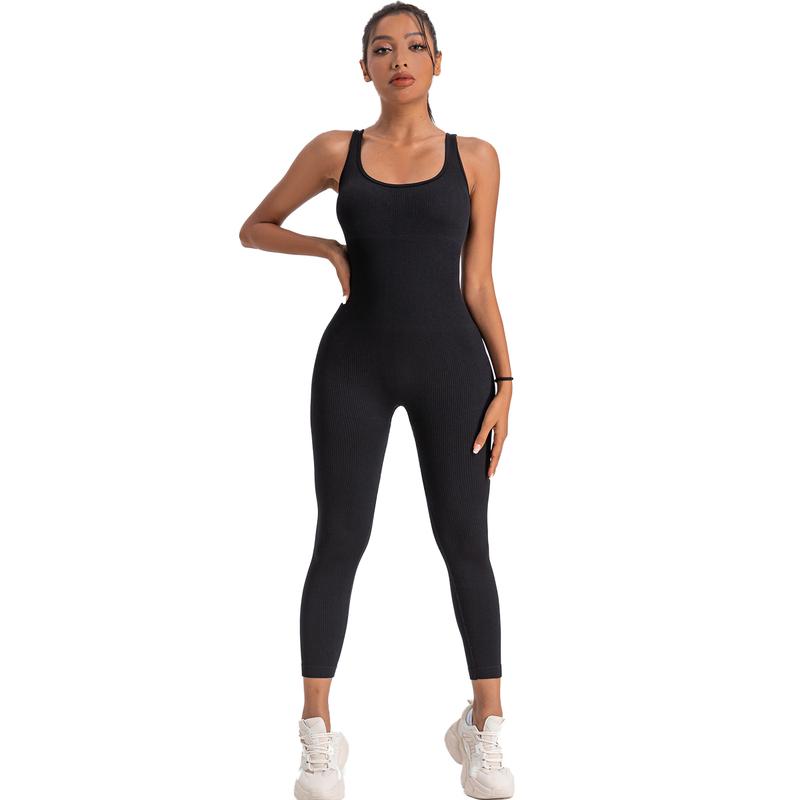 Women's Solid Color Workout Jumpsuits, Sleeveless Slim Fit Yoga Fitness Romper Jumpsuits Seamless Gymwear