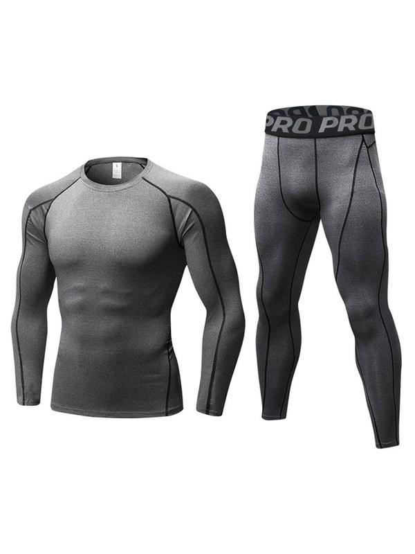 Two Counts Men's Compression Tracksuit Set, Top Stitching Top & Letter Tape Leggings, Sportswear Set for Indoor Outdoor Wear, Men's Sport & Outdoor Clothing Fall Outfits