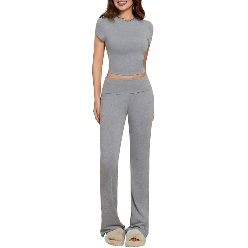 Women Two Piece Lounge Sets Matching Sets Short Sleeve Cropped Top Fold Over Flare Pants Yoga Tracksuit