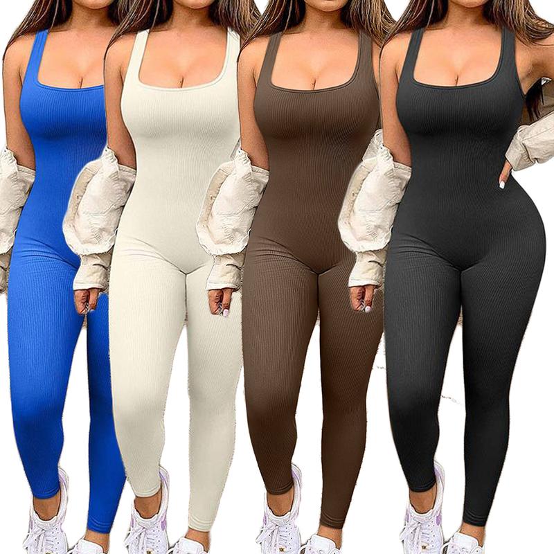 Women's Solid Color Workout Jumpsuits, Sleeveless Slim Fit Yoga Fitness Romper Jumpsuits Seamless Gymwear