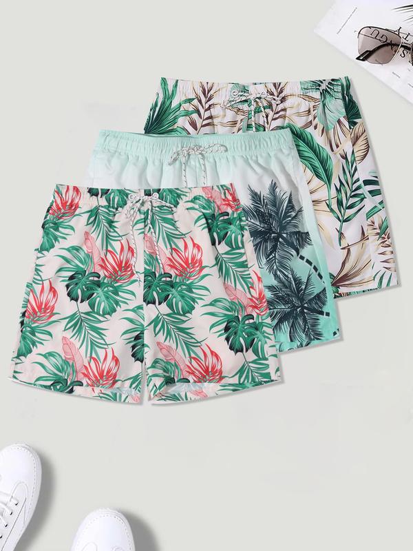 Men Swim Trunks, Men's Tropical Print Drawstring Waist Beach Shorts, Gym Shorts, Boho Casual Comfy Breathable Elastic Waist Pocket Shorts for Daily Outdoor Wear, Men's Bottoms for All Seasons