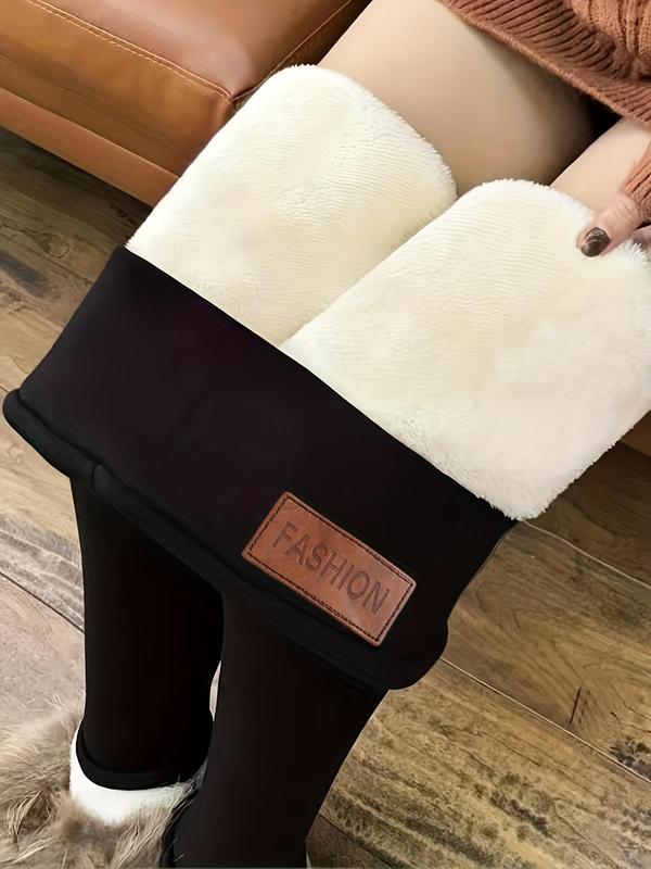 Women's High Waist Thermal Lined Sports Leggings, Solid Color Patched Design Skinny Pants, Ladies Sportswear Clothing for Indoor Outdoor Wear