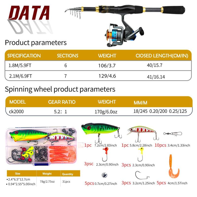 1.8m Fishing Rod Reel Combo Set, Fishing Rod with Fishing Tackle Kit with Fishing Lures & Bait Hooks & Line & Carrier Bag, Outdoor Fishing Tool, Fishing Set, Sea Saltwater Freshwater Kit