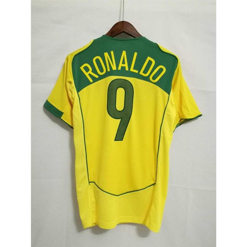 Ronaldinho's 2004 Brazil Home Vintage Football jersey featuring Ronaldinho's short sleeved print commemorative football