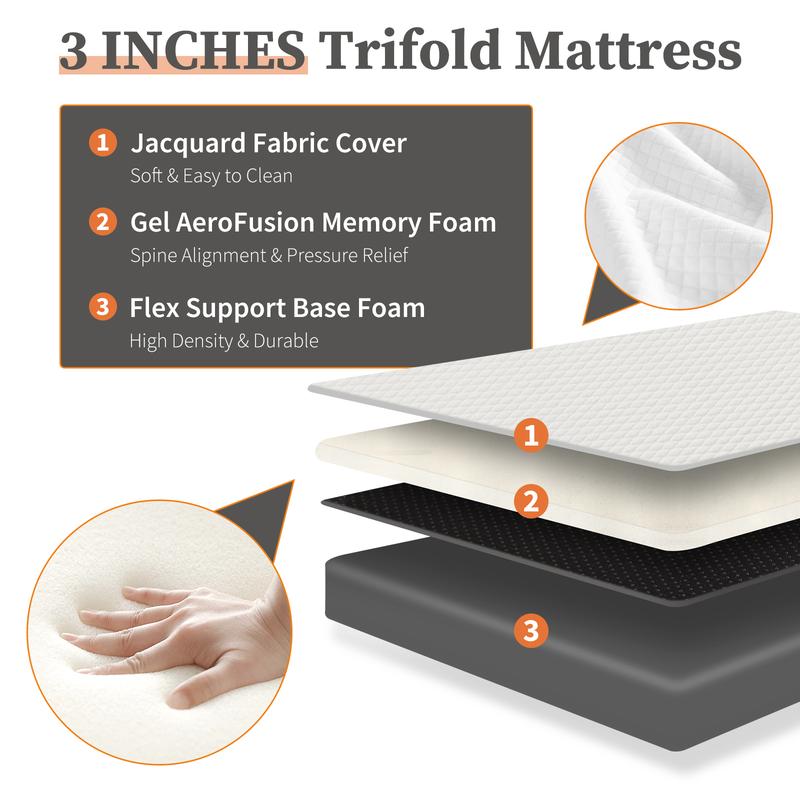 furnishflex furnishflex  FoldingMattress, Tri-fold Memory Foam MattressTopper for Camping, Foldable MattressTopper with Washable Cover