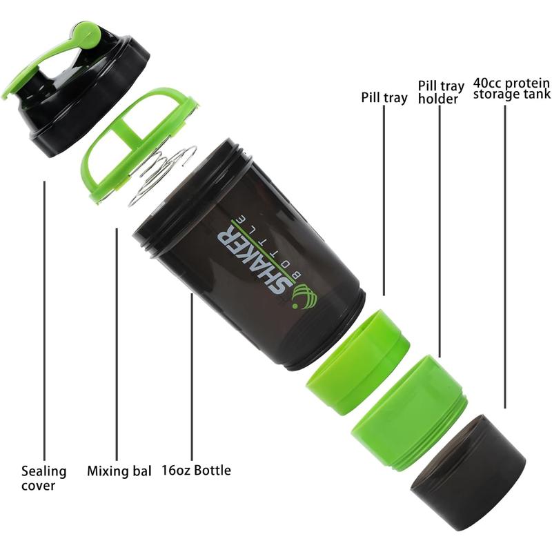 Shaker Bottle - Protein Shaker Cup with Storage Compartments - Leak-Proof Workout Shake Bottles with Mixer for Smooth Mixing-500Ml 16Oz (GREEN & BLACK) XTKS